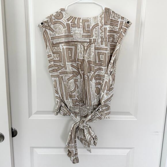Anthropologie Large Bow Cotton Patterned Sleeveless Wrap Top Beige Cream Large - Picture 4 of 6